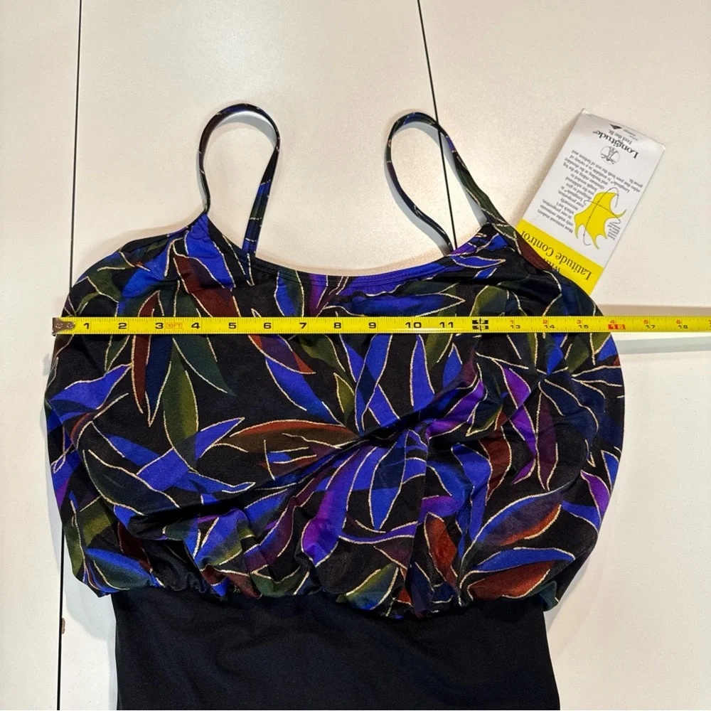 VTG Longitude Women's Sz 10 One Piece Swimsuit Black Button Floral‎ Top Tropical